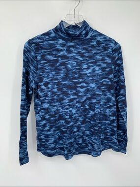 Athleta mockneck knit shirt top blouse stretch navy blue camo print new Small S